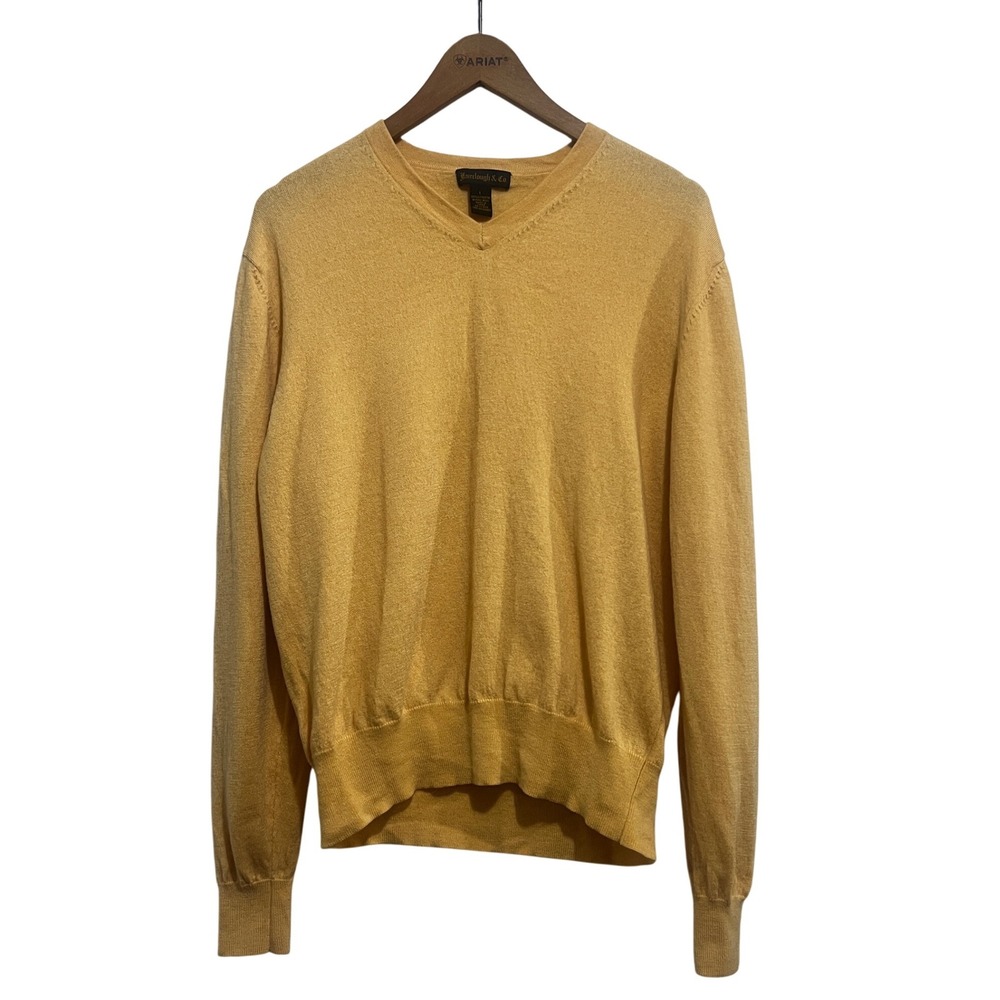 Fairclough & Co Mens V Neck Sweater L Yellow 100% Extra Fine Merino Wool Classic